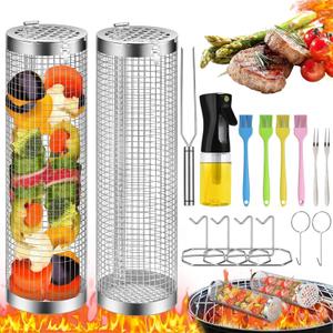 Rolling Grilling Basket, 2 PCS BBQ Grill Basket Stainless Steel Grill Mesh with Grilling Accessories, Portable Outdoor Camping BBQ Grill Nets Cylinder for Fish, Shrimp, Vegetables, Meat