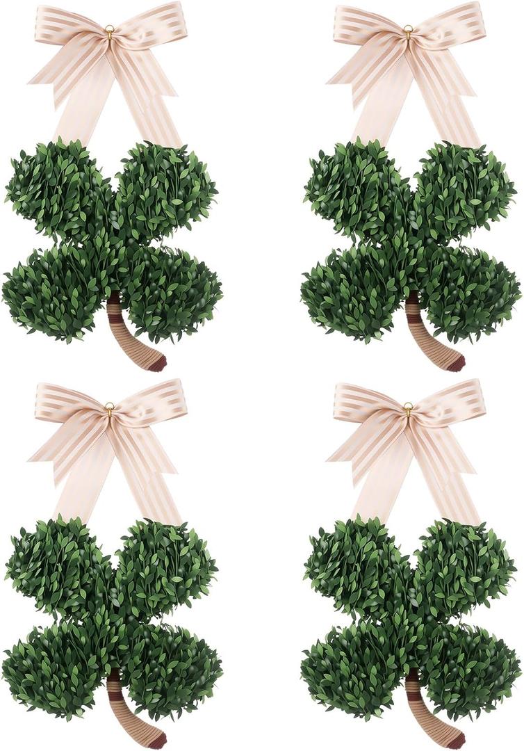 4 Pack St. Patrick's Day Shamrock Wreaths for Front Door 17" x 9" Spring Lucky Green Clover Irish Door Wreath Decor, Rustic Farmhouse Wall Hanging for Festival, Mantel, Party Decoration