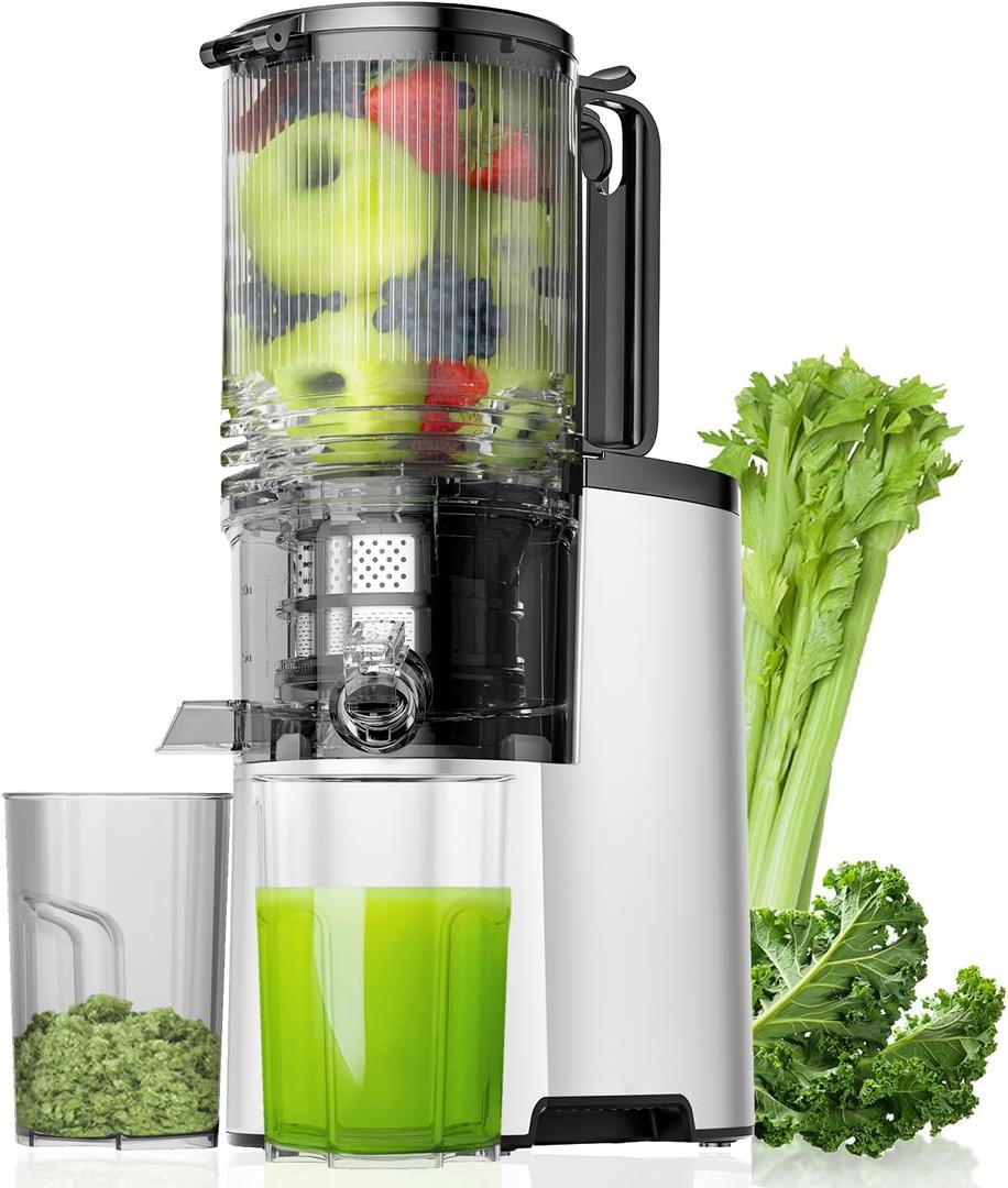 Cold Press Juicer, 5.8" Wide Feed Chute Juice Extractor Machine with 400W, High Juice Yield, Slow Masticating Juicer for Whole Vegetables & Fruits, Metallic Silver