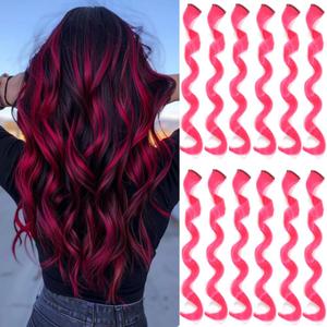 12 Pcs Hot Pink hair Extensions 22 Inch Curly Wavy Colored Hair Colorful Clip in Extensions Highlight Party for Kids Girls and Women Gift (CurlyHot Pink,36)