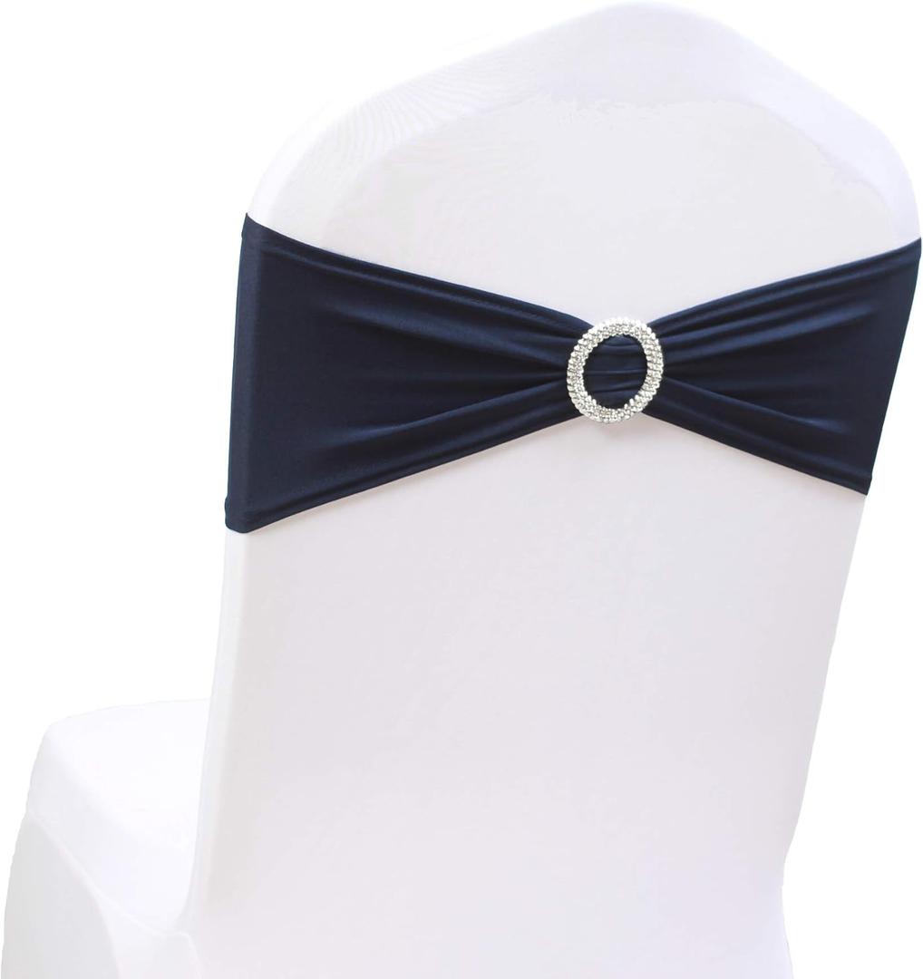 100PCS Navy Stretch Chair Sashes Bows Elastic Chair Bands with Buckle Slider Sashes Bows for Wedding Hotel Banquet Birthday Party Decorations (100PCS, Navy Blue)