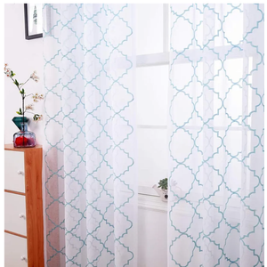 Embroidery Sheer Curtains Blue 95 Inches Long, Window Treatments Rod Pocket Drapes for Living room, Bedroom, Moroccan Design Crinkle Voile Curtain Panels for Yard, Villa, Parlor, Set of 2, 52"x 95".