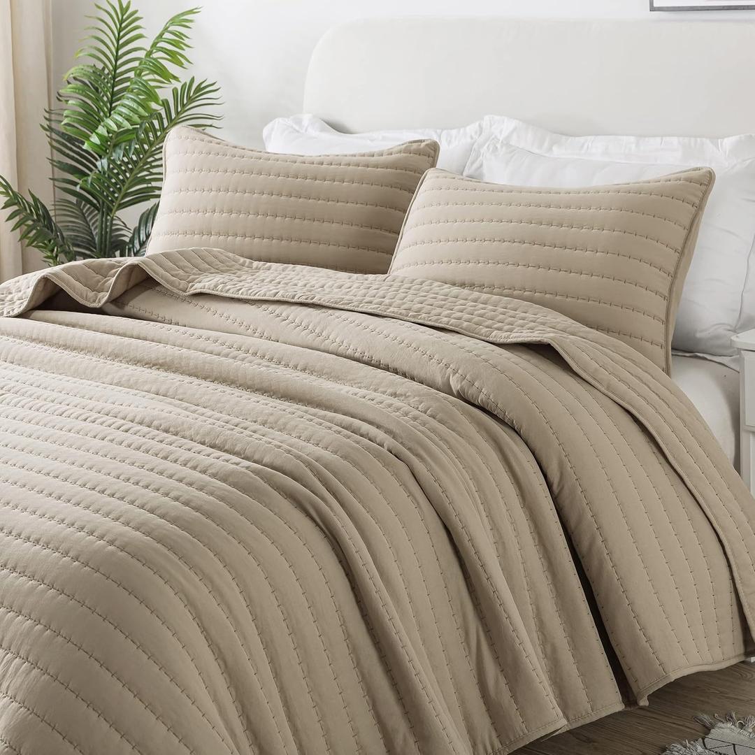 ROARINGWILD Beige Cream Tan King Size Quilt Bedding Sets with Pillow Shams, Lightweight Soft Bedspread Coverlet, Quilted Blanket Thin Comforter Bed Cover for All Season, 3 Pieces, 104x90 inches