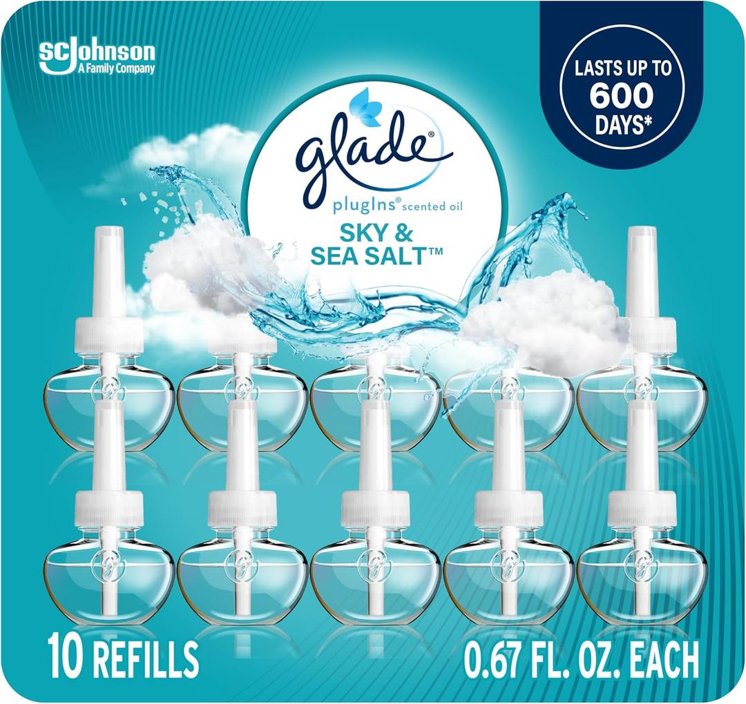 Glade PlugIns Refills Air Freshener, Sky & Sea Salt, Scented and Essential Oils for Home and Bathroom, 0.67 Fl Oz, 10 Count