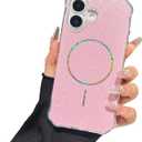 TEECOVER for iPhone 16 Case 6.1-Inch, [Clear Wavy Border][Sparkly Glitters][Fit for MagSafe] Shockproof Cute Slim Fit Magnetic Phone Case for Women & Girls - Pink