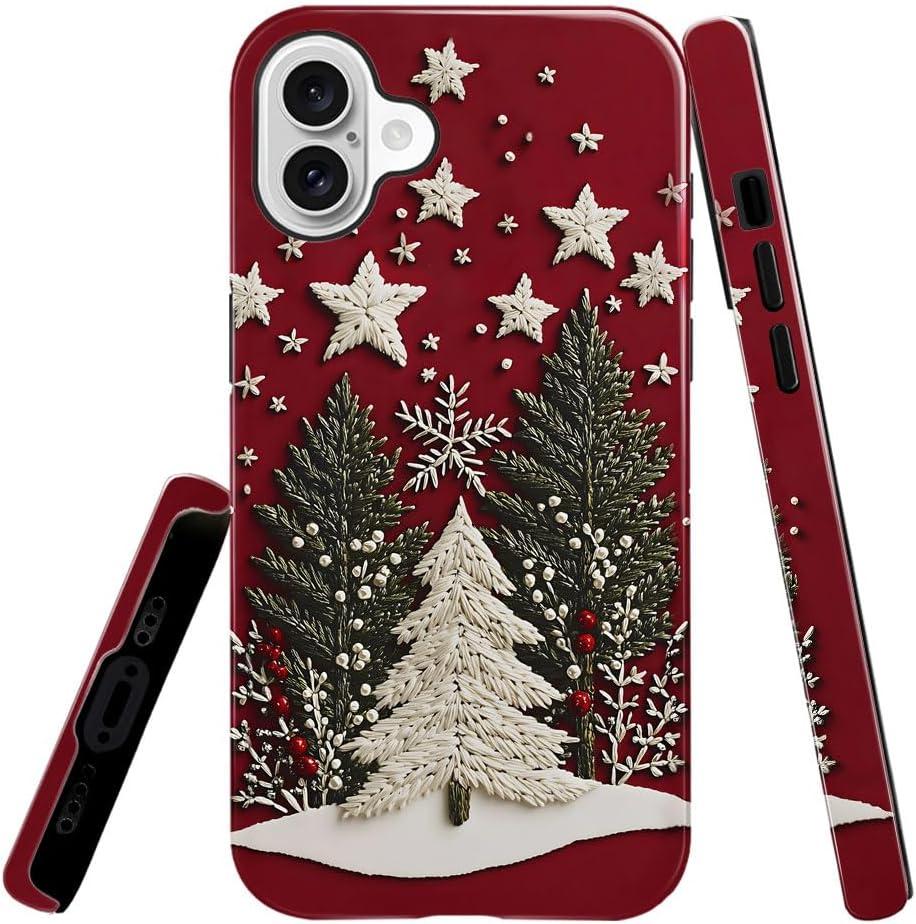 Generic Case Compatible with iPhone 16 Plus,Scratch Resistant Hybrid 2-Layer Hard Shell Bright Phone Case,Winter Christmas Tree Star Red