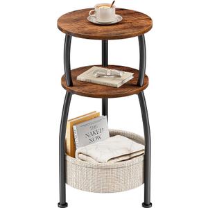 Round Side Table for Small Spaces with Storage Basket –Small End Table 3-Tier Night Stand Sofa Corner Table for Living Room, Bedroom, Patio and More 24in Tall Rustic Brown