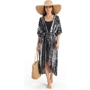 Cuffbow Long Beach Coverups for Women Kimono Boho Open Front Swimsuit Loose Beach Casual Caftan Dress Beachwear Cardigans (Black White)