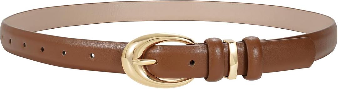 TRIWORKS Women Leather Belt for Jeans Pants Fashion Ladies Skinny Faux Leather Dress belt with Gold Buckle (Fit Waist Size 23"-26", Brown)