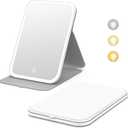 Kintion Travel Makeup Mirror, Portable LED Lighted Makeup Mirror, 360 Rotation Touch Screen Vanity Mirror, 60 LEDs, 3-Color Dimmable Lighting, Rechargeable Tabletop Folding Cosmetic Mirror, White