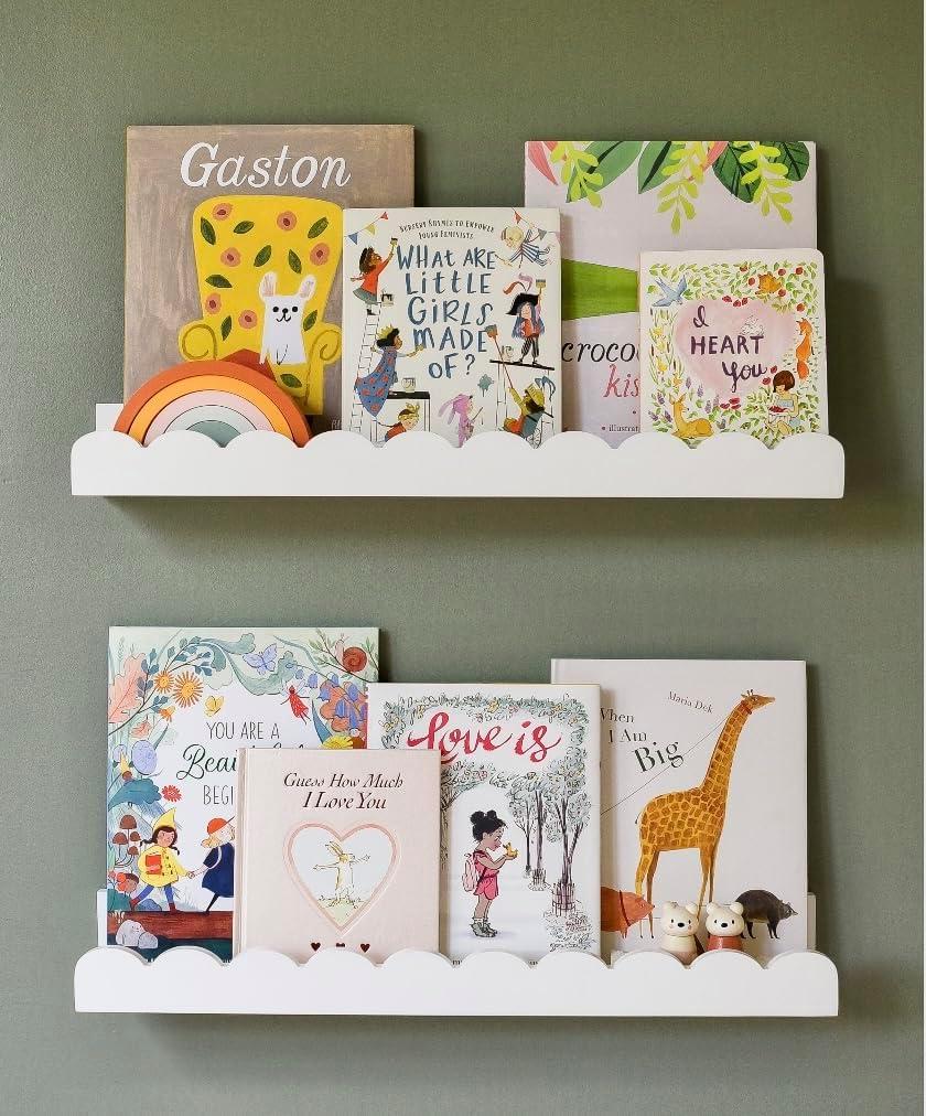 Floating Nursery Book Shelves Wall | Pair of 24in Scalloped Book Shelves for Kids Room | Cloud Shelves for Homeschool | Baby Bookshelf | White Shelves for Wall | Cottage Decor for Baby Registry