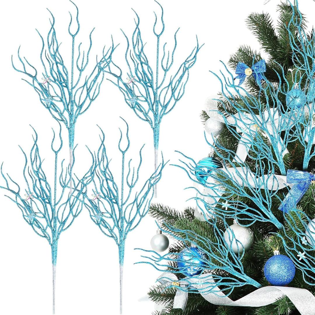 8 Pcs Blue Coastal Christmas Decorations Artificial 15.7inch Artificial Flowers Glitter Coastal Ornaments for Christmas Tree Ocean Beach Coral Nautical Treebranch Stem Pick Filler for Vase