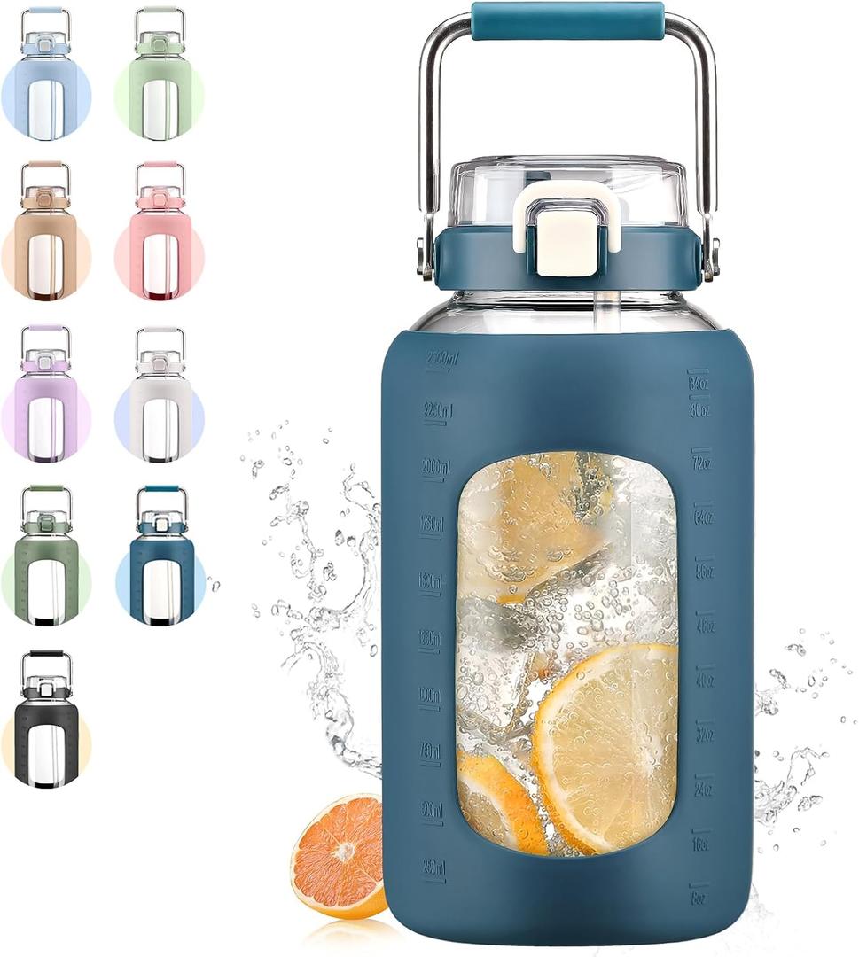 84oz Glass Water Bottle with Stainless Steel Handle,2.5L Gallon Water Bottle with 2-IN-1 Straw Lid, Silicone Sleeve and Motivational Capacity Marker, Wide Mouth Water Jug For Gym, Dark Blue