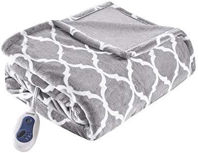 Beautyrest Ogee Printed Plush Electric Blanket for Cold Weather, Fast Heating, Auto Shut Off, Virtually Zero EMF, Multi Heat Setting, UL Certified, Machine Washable, Grey Oversized Throw 60x70