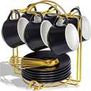 Lareina 3-Ounce Porcelain Espresso Cups Set of 6, Stackable Coffee Cups with Saucers, Spoons and Metal Stand, Ceramic Demitasse Mugs, Espresso Accessories for Machine, Black