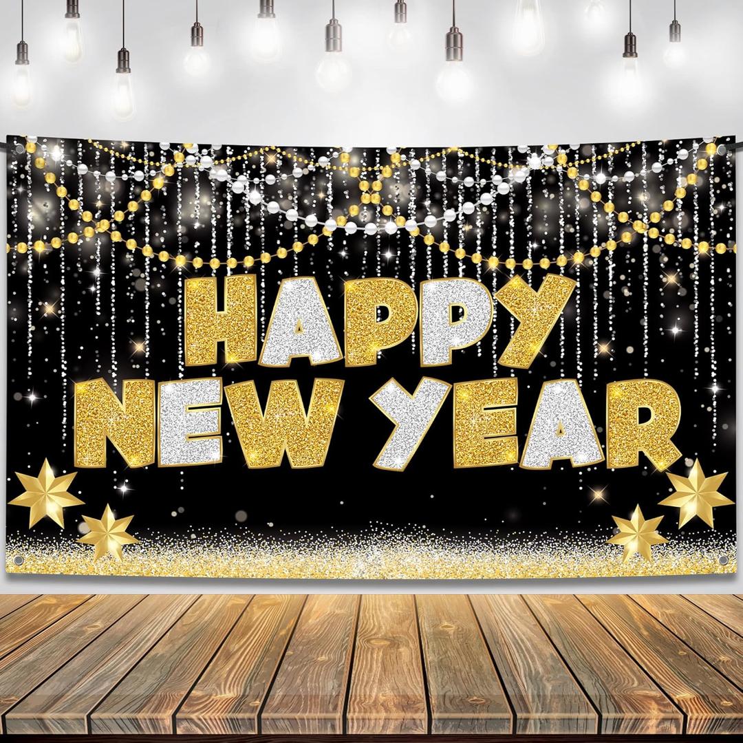 KatchOn, Large Happy New Year Banner - 72x44 Inch | New Years Eve Party Supplies | Happy New Year Backdrop for New Years Decorations 2026 | NYE Decorations 2026, NYE Party Supplies 2026 (Gold & Black)