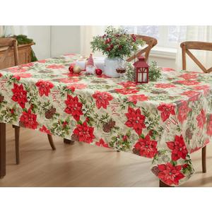 Newbridge Majestic Winter Poinsettia Christmas Vinyl Tablecloth with Flannel Backing, Noel & Holly Berry Holiday Print, Easy Care Wipe Clean Table Cover, 52 x 70 Inch Rectangle