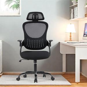 Ergonomic Office Chair W/Back Support, Mesh High Back Big and Tall Desk Chair with Adjustable Headrest & Flip-Up Arms, Comfy Rolling Swivel Computer Task Chair with Wheels, Black