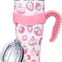 Strawberry 40 Oz Tumbler with Handle and Straw, Cute Stainless Steel Vacuum Insulated Tumbler Iced Coffee Cup Water Bottle Travel Mug, Strawberry Gifts for Women Decor Stuff Pink