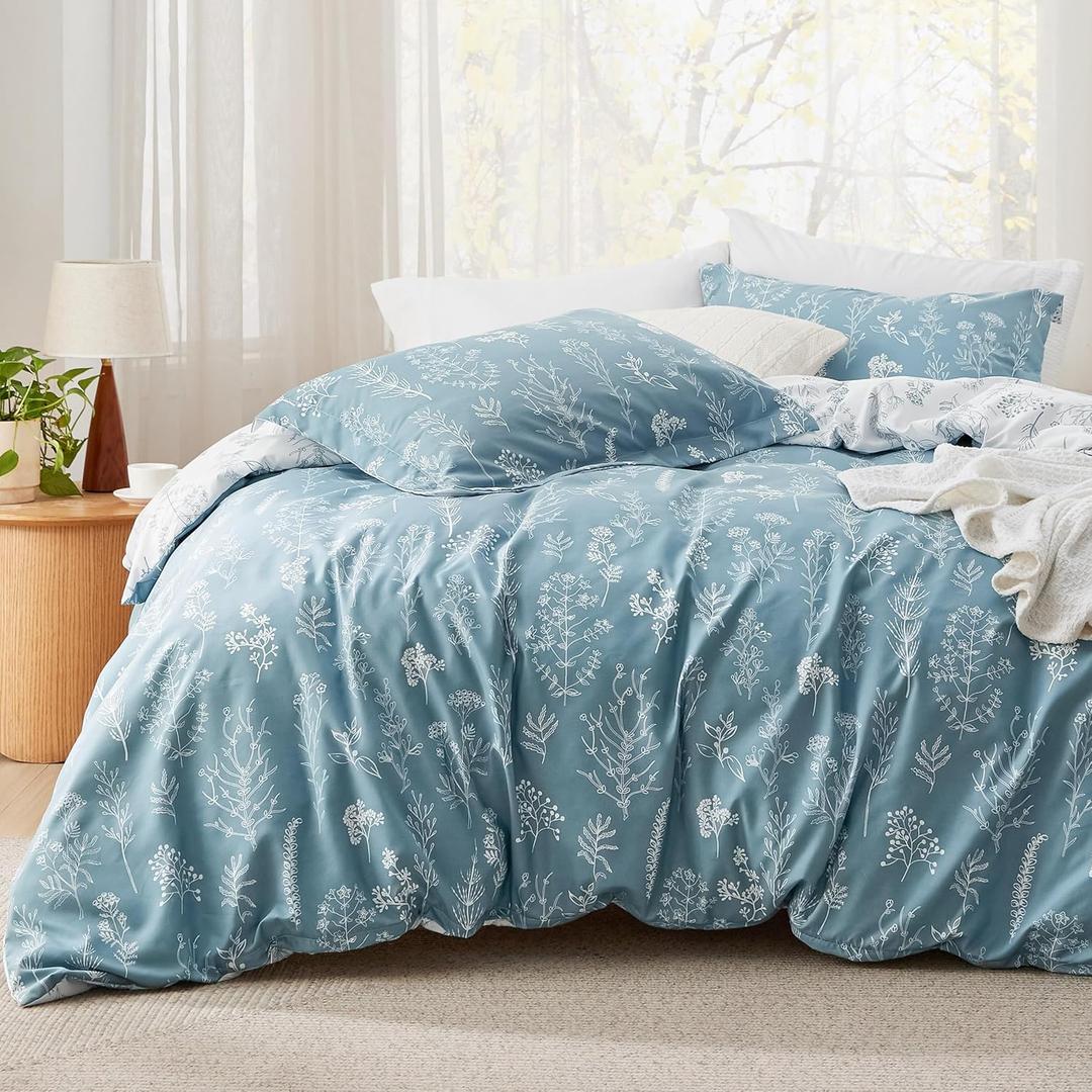 Bedsure Queen Comforter Set - Mineral Blue Bed Set, 3 Pieces Cute Floral Bedding, 1 Soft Reversible Botanical Flowers Comforter and 2 Pillow Shams
