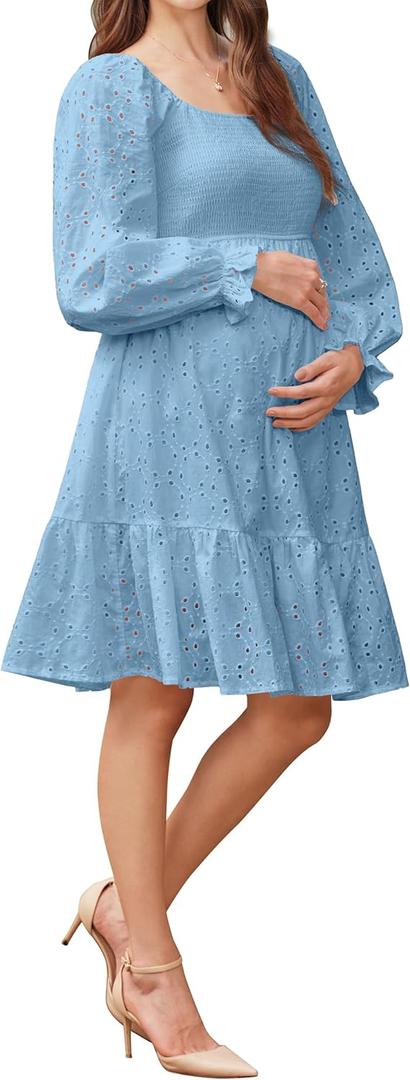 OUGES Women's 100% Cotton Baby Shower Maternity Dress Square Neck Hollow Out Eyelet Smocked Tiered Midi Dresses 2026 (Large, Gray Blue)