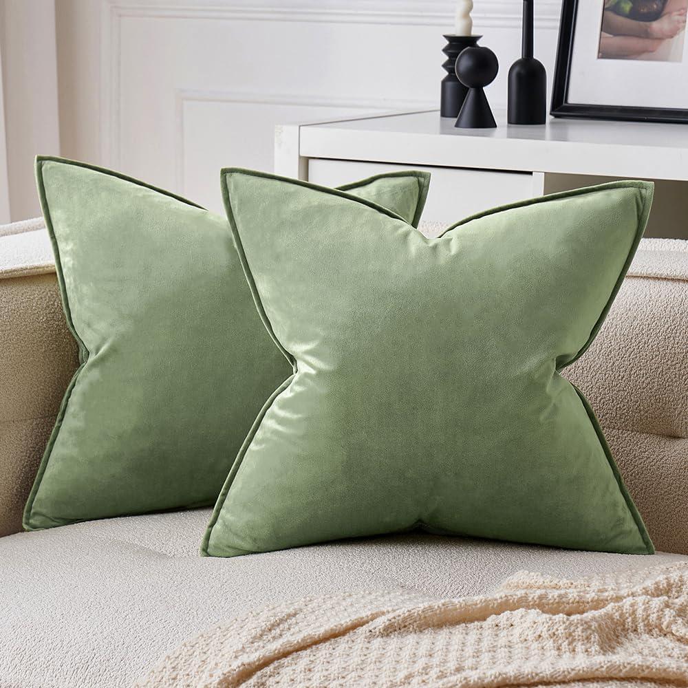 MIULEE Pack of 2 Sage Green Decorative Velvet Throw Pillow Covers Soft Pillowcases Spring Solid Square Cushion Case for Sofa Bedroom Car 20x20 Inch