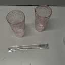 2 Set 20oz Vintage Plastic Tumbler with Lids and Straws Ribbed Floral Drinking Glasses Reusable Iced Coffee Cups for Water Juice Smoothie Cocktail Travel Party Events Gift (Pink)