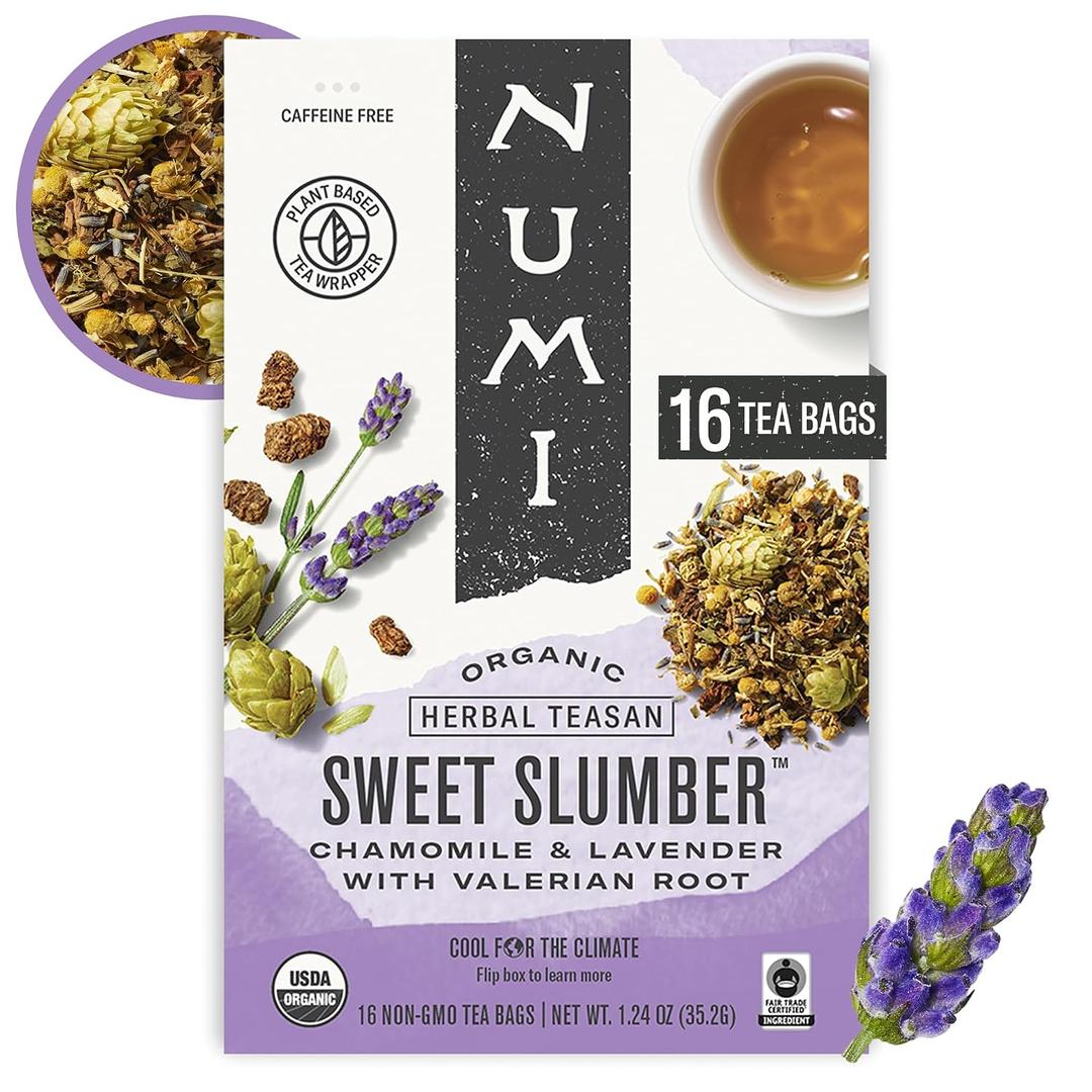 Numi Organic Sweet Slumber Tea, 16 Herbal Tea Bags, Caffeine Free (EXP 05/01/27)