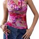 MakeMeChic Women's Floral Halter Top Draped Tie Dye Mesh Backless Ruched Drawstring Tank Tops (Pink, M)