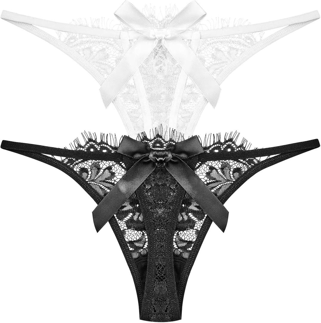 2 x G String Thongs for Women T-back Lace Underwear Low Waist V-Shape Sexy Panties for women, Bow Lingerie, 2 Pack (L)