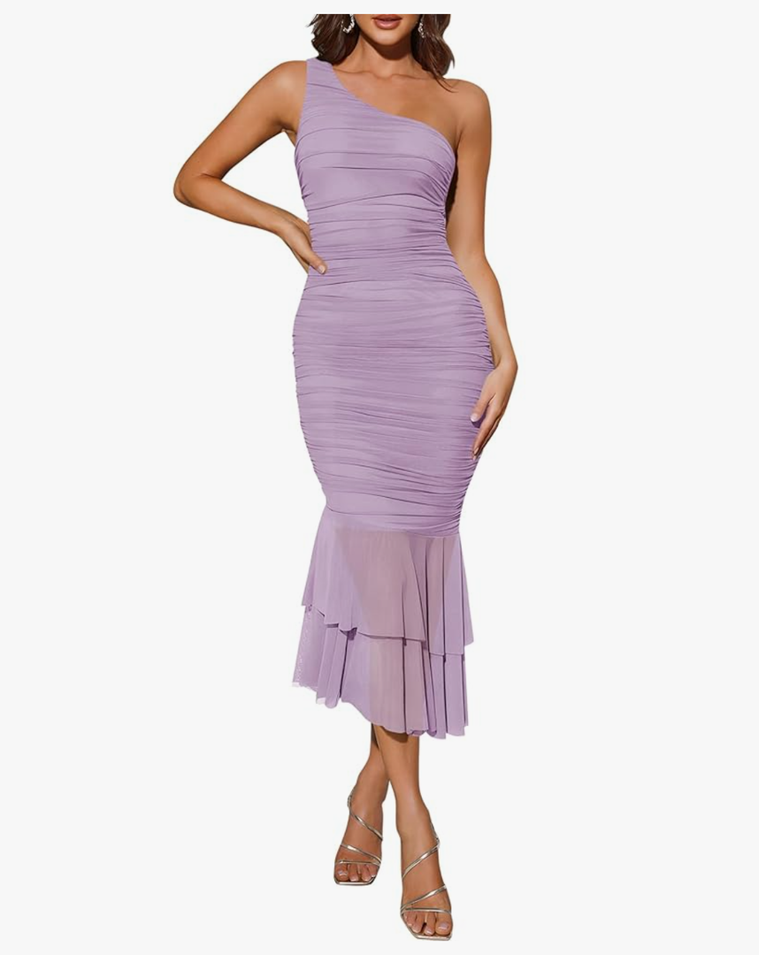 ZESICA Women's One Shoulder Summer Dress Sleeveless Mesh Ruched Bodycon Sexy Formal Cocktail Midi Dresses M