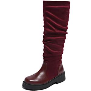Women's Fashionable Chunky Heel Riding Boots with Side Zipper -Durable & Stylish (5.5, Wine Red)