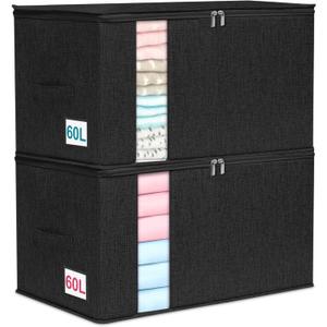punemi 2 Pack Clothes Storage, Sturdy Blanket Storage Bags with Side Bottom Support, Storage Containers for Organizing Bedroom Closet Clothing Comforter, Organization and Storage W/Lids Handle,Black