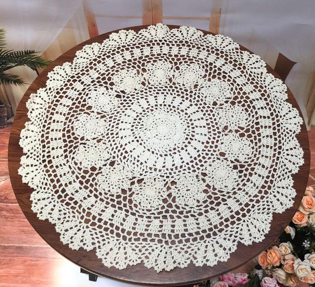 Damanni Beige Cotton Handmade Crochet Lace Tablecloth Doilies Table Overlay,Round,23 Inch,2PC