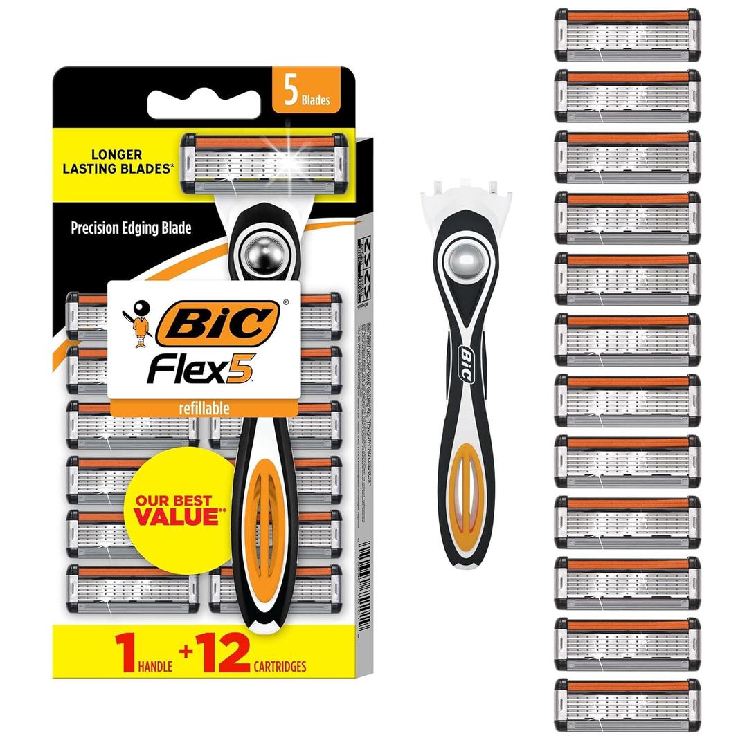BIC Flex 5 Refillable Razors for Men, Long-Lasting 5 Blade Razors for a Smooth and Comfortable Shave, 1 Handle and 12 Cartridges, 13 Piece Shaving Kit