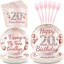 Grencian 96 Pcs 20th Birthday Party Supplies for Girls Rose Gold 20 Years Old Paper Plates and Napkins Tableware Set 20th Birthday Decorations for Girls Twenty Years Old Party Serves 24