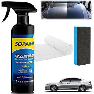 Sopami Car Coating Spray, Sopami Quick Effect Coating Agent, Sopami Quickly Coat Car Wax, Sopami Car Scratch Wax Polish Spray Waterless Wash, Sopami Oil Film Emulsion Glass Cleaner (1PC+Sponge+Cloth)