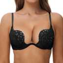 Women's Push Up Bra Deep V Plunge Sexy Cleavage Low Cut Back Underwire Bras Leopard Lace Convertible Multiway (38D, Black)