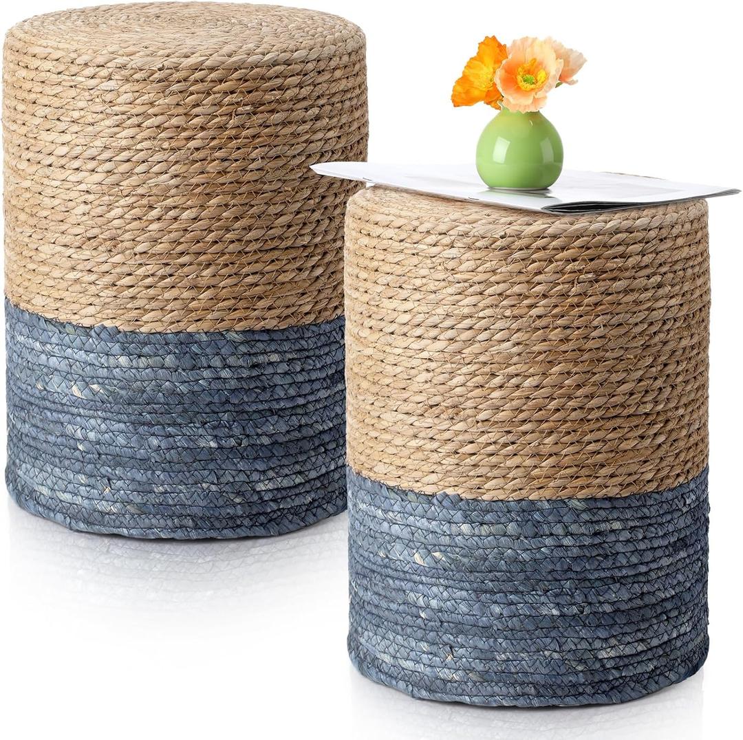 Barydat 2 Pcs 15'' Ottoman Pouf Natural Seagrass Braided Poof Hand Weaving Round Ottomans Boho Footrest Stool for Home Living Room Bedroom Patio(Natural and Blue)