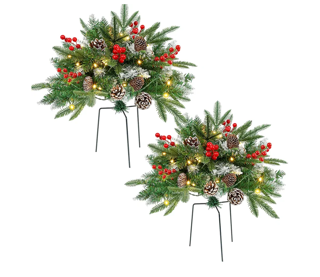 Set of 2 Christmas Tree Urn Filler, Lighted Artificial Xmas Pine Trees with Tripod Stake, Battery Powered Outdoor Christmas Trees for Porch, Driveway, Yard (14 Pine Cones)