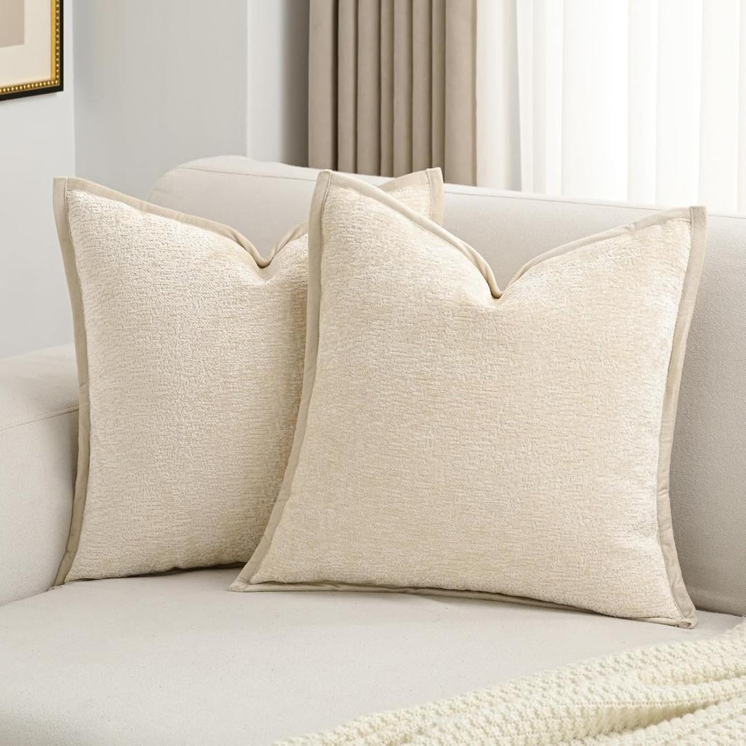 FUTEI Beige Chenille Throw Pillow Covers 18x18 Inch Set of 2,Soft Cozy Bound Edge Design Cushion Case,Home Decor for Couch Bed Living Room
