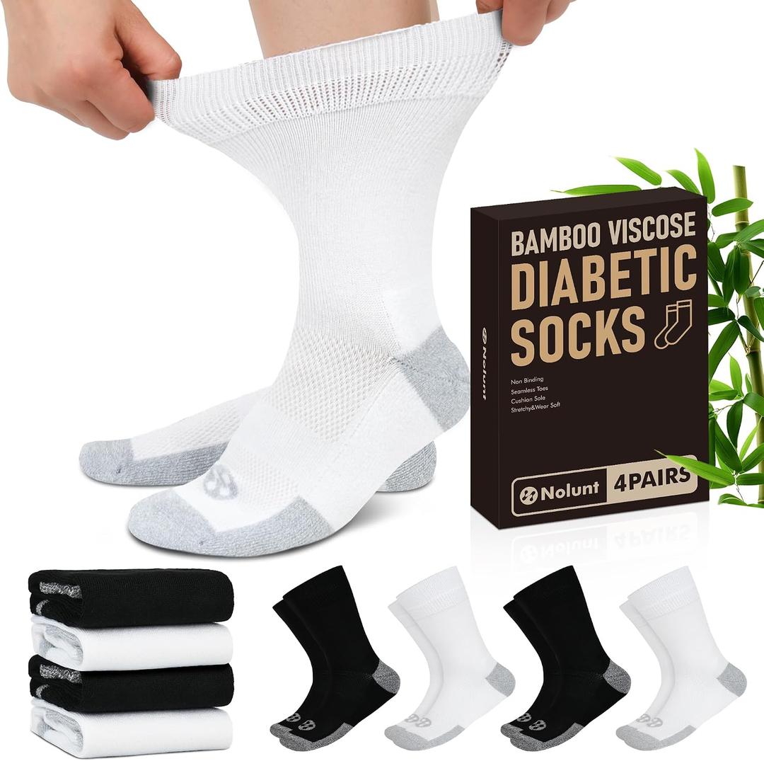NOLUNT Diabetic Socks for Men, 4 Pairs Crew Diabetic Neuropathy Socks for Men 9-12 10-13 13-15(Black+White-Large)