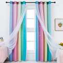 Reepow Rainbow Kids Blackout Curtains 2 Panels for Girls Bedroom Playroom, Tulle Overlay Star Cut Out Curtains with Stainless Steel Gromment Top - 52x84 Inches, Pink Yellow