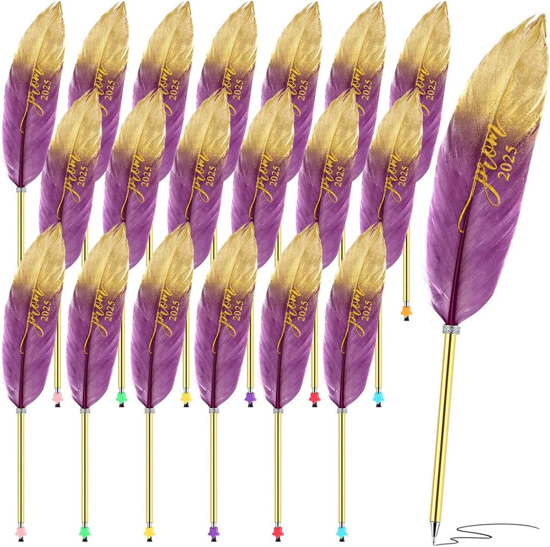 24 Pcs Prom 2025 Party Favors Feather Graduation Pens Bulk Feather Ballpoint Pen Prom Gifts Vintage Quill Pen Grad Party Supplies for Class of 2025 School Student Girl and Boy (Purple)