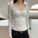 Women's Long Sleeve Slimming Tops Sexy Deep V-Neck Lace Trim Solid Color Short Shirt (M)