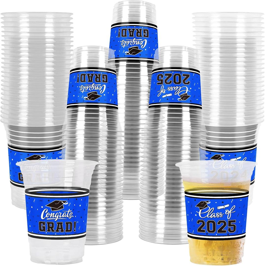 Gatherfun Graduation Decorations 2025-100 Pcs 16oz Blue Graduation Plastic Cups for Grad Party | Sturdy & Durable Drinkware for Grad Festivities | Essential Grad Party Supplies & Decorations