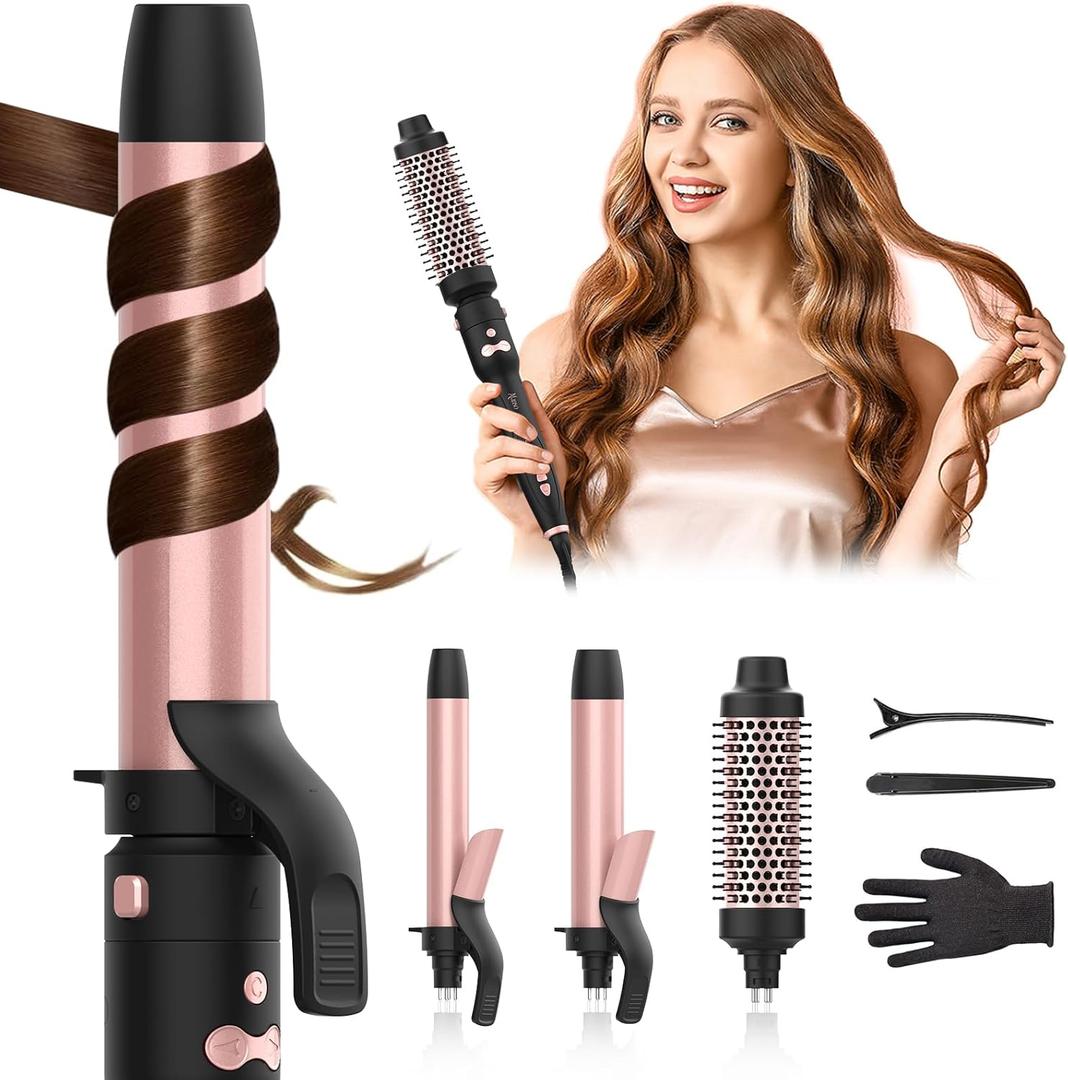 Automatic Rotating Curling Iron Set, 3 in 1 Dual Voltage Ceramic Wand with 1" 1.25" 1.5" Barrels, Ionic Technology, 3 Heat Settings, Fast Heating for Beach Waves & Travel (Rose Gold)
