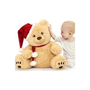 MorisMos Teddy Bear Stuffed Animal Plush Toy, 16in Santa Teddy Bear, Soft & Cuddly Bear Gift for Girl Boy Kid, Brown Holiday Decoration for Room Birthday Party Favors