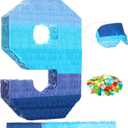 Sratte Number 1 2 3 4 5 6 7 8 9 Piata with Stick Blindfold Confetti, Gradient Blue Piata for Kids Boys Girls Birthday Party Anniversary Decorations Supplies(Number 9)