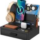 Sephyroth Bamboo Phone Docking Station Nightstand Organizer Bedside Organizer Cell Phone Stand Gifts for Men, Dad Gifts for Boyfriend Gift for Husband with Drawer Storage (Black)